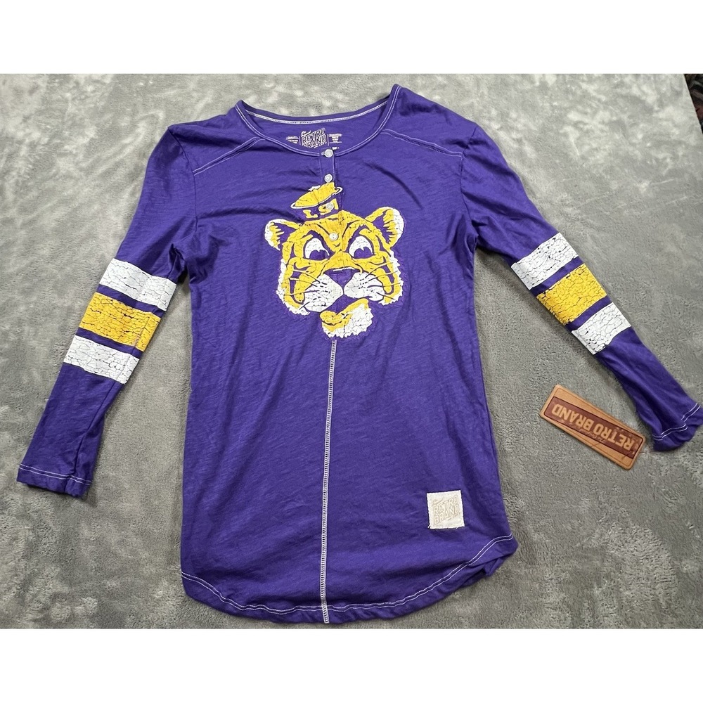 The Original Retro Brand LSU Tigers Purple/Yellow Long Sleeve Henley Shirt- L